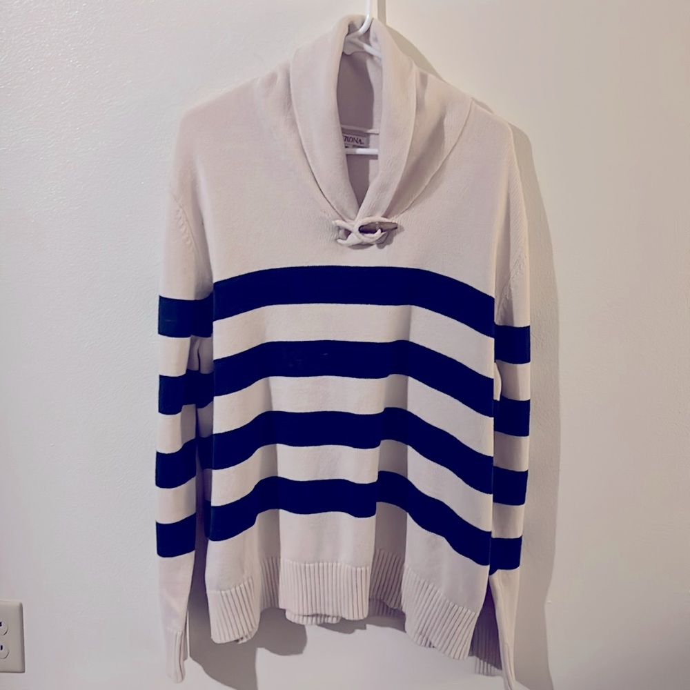 Classic Navy Blue/Cream Nautical Stripe Cotton Preppy Cowl Neck Sweater XXL
